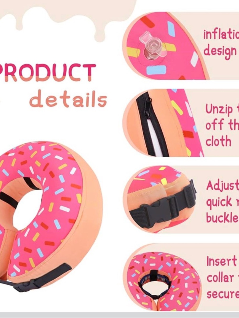 Donut-Style Inflatable Recovery Collar for Dogs - Pink Sprinkle medium - Picture 6 of 6